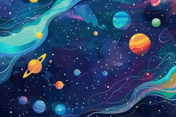 outer space illustration featuring colorful planets, stars, and swirling galaxies in vivid hues.