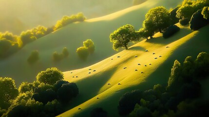 Wall Mural -   A hilly landscape with trees & hay bales, bathed in sunlight