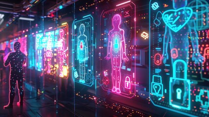 Wall Mural - Futuristic holographic displays showing human anatomy and health data in a dark corridor.