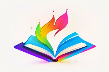 Poster - Colorful open book with rainbow pages transforming into flying abstract shapes, perfect for education, creativity, and storytelling concepts. Artistic illustration on white background.