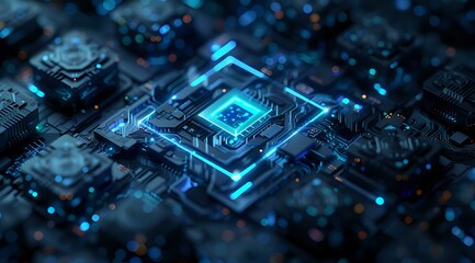 Poster - Futuristic glowing blue microchip on circuit board with digital connections, perfect for technology, artificial intelligence, and computing concept designs in modern business presentations.