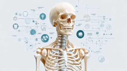 Aufkleber - Educational depiction of a human skeleton with anatomical diagrams and scientific information in a contemporary setting. Generative AI