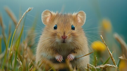 Wall Mural -   A close-up of a little rodent amidst a sea of green grass and dandelions