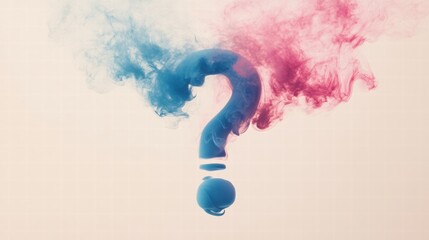 Poster - Clouds of pink and blue smoke swirling together to form an artistic question mark shape in a gentle atmosphere. Generative AI