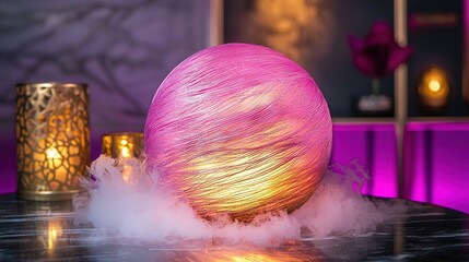 Wall Mural -   A massive pink ball rests atop a table alongside a lit candle and a vase brimming with blooms