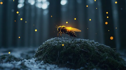 Wall Mural - a pair of bees rest atop a mossy ground, surrounded by a forest glowing with fireflies