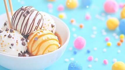 Wall Mural -   Ice cream in a blue bowl with chocolate drizzle and sprinkles