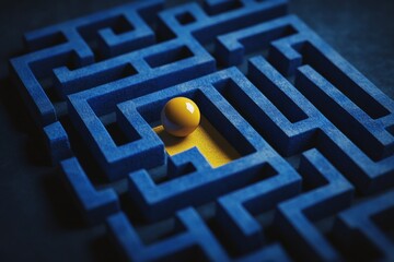 top down view of a blue maze with a yellow path and a ball on its journey against a dark background