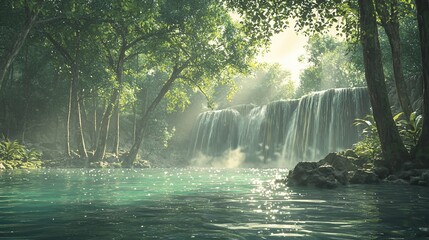 Sticker - Sunlit waterfall cascading into tranquil turquoise pool, lush green rainforest.