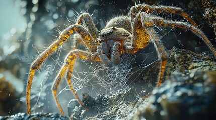 Poster -   Close-up shot of a spider on a rock with droplets on its face and legs