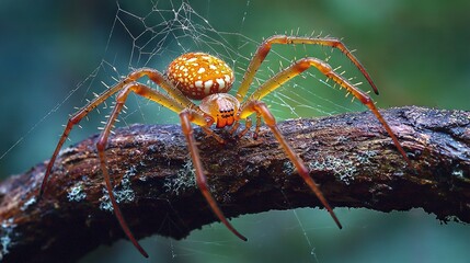 Wall Mural -   A close-up of a spider on a branch, with its head positioned at the center of its web