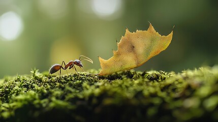 Poster -   A pair of ants perched atop moss-covered ground, with a yellow leaf above them