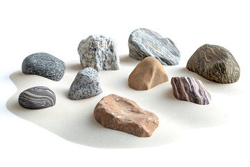 Aufkleber - Varied rock formations arranged on a smooth sand surface isolated on a white background