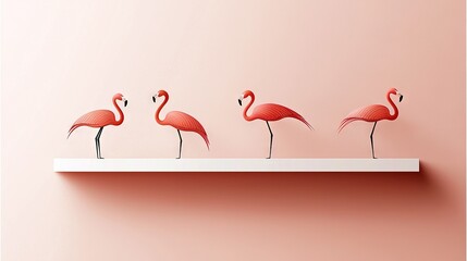 Wall Mural -   A group of pink flamingos perched on a shelf adjacent to one another against a soft pink backdrop