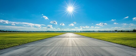 Canvas Print - Sunny day, asphalt road through green field.