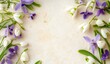 © MAGIC - A top-down flat lay of a spring decoration, featuring a frame of white snowdrops, blue scilla, and violet-pink hollowroot on a white background, with space left for text