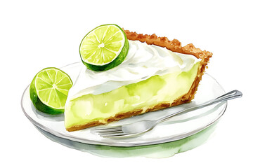 Aufkleber - Watercolor illustration of a piece of lime pie on a plate isolated on a white background