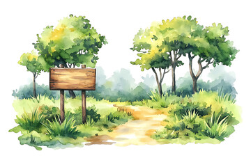 Poster - Watercolor illustration of a trail in a forest with signboard isolated on a white background