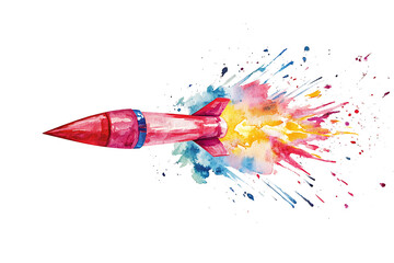 Poster - Watercolor illustration of flying rocket isolated on a white background