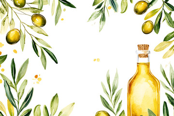 Poster - Watercolor illustration of olive oil with olives and branches isolated on a white background