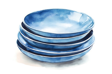 Poster - Watercolor stack of plates isolated on a white background