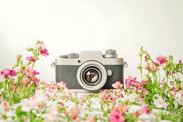 Poster - Watercolor retro camera surrounded by flowers isolated on a white background