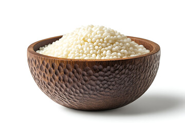 Poster - White rice in a wooden bowl isolated on a white background