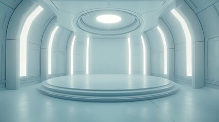 Aufkleber - Futuristic white room with circular platform and glowing panels.