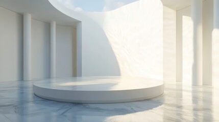 Poster - Minimalist white circular platform in a modern, bright interior with marble floor and columns, sunlight streaming through an opening in the ceiling.