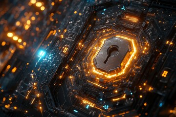 Wall Mural - Futuristic cybersecurity visual  glossy metallic padlock on illuminated circuit board background