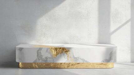 Poster - White marble and gold podium against a textured white wall, bathed in sunlight.
