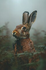 Poster -   Close-up of a brown rabbit amidst a field of grass with a foggy sky in the background