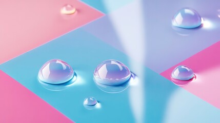 Poster - Close-up of water droplets on a pastel pink and blue surface.