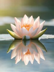 Poster - Pink water lily blooms gracefully on a tranquil pond surface reflecting sunlight. Generative AI