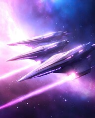 Poster - Shadow Fleet Navigates Through Vibrant Galaxies With Powerful Beams of Energy