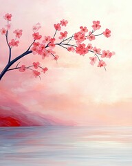Poster - Spring Blossoms of Sakura Cherries Dance Above a Serene Water Landscape at Twilight