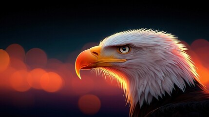 Sticker -   A close-up of a bald eagle's head with a blurred background of red and orange lights