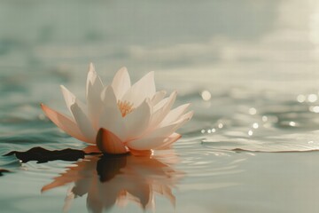 Poster - Delicate lotus blossom floating gracefully on calm water surface during tranquil evening light. Generative AI