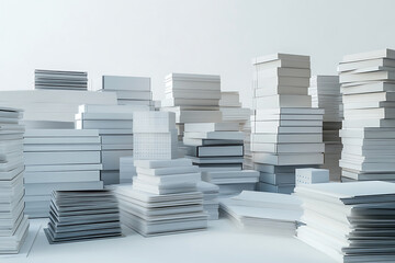 Poster - Set of towering stacks of paperwork and files isolated on a white background