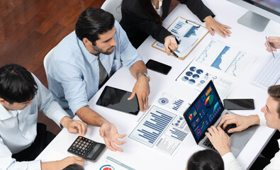 Aufkleber - Analyst team utilizing BI Fintech to analyze financial data at table in meeting room. Businesspeople analyzing BI dashboard power on paper for business insight and strategic marketing planning.Prudent