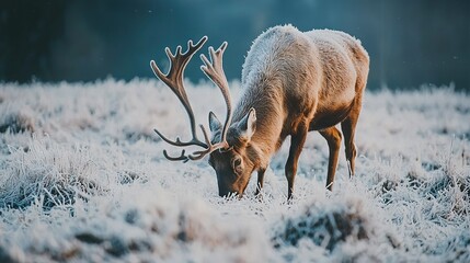 Wall Mural - deer close-up with frosty grass, trees in background