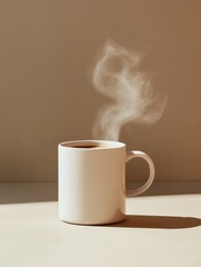 Aufkleber - Warm steaming coffee cup on a simple surface during the morning light in a cozy atmosphere. Generative AI