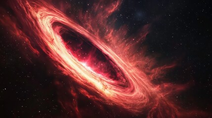 Poster - Fiery red nebula swirls around a dark, glowing center in deep space.