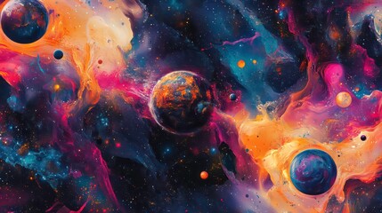 Aufkleber - Vibrant cosmic nebula with planets and swirling colors.