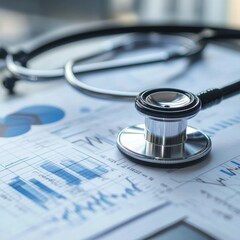 Aufkleber - Stethoscope placed on business documents showcasing health data and analytics in a professional setting. Generative AI