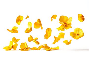 Poster - Springtime yellow petal flowers levitate in air, beautiful floral flying isolated on a white background