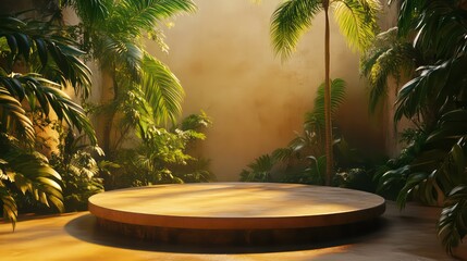 Aufkleber - Sunlit round wooden platform in tropical garden setting.
