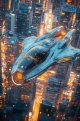 Canvas Print - Futuristic spaceship flying above a vibrant city at night.