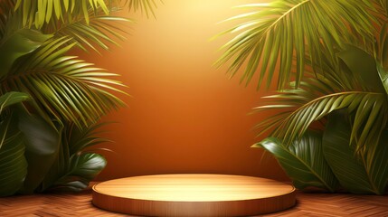 Poster - Wooden platform surrounded by lush tropical plants against a warm orange background.