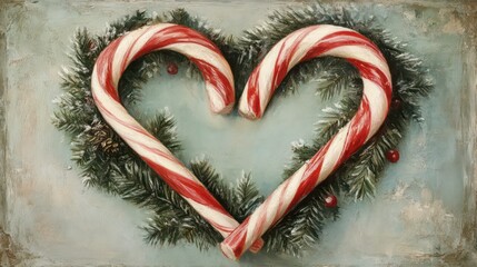 Wall Mural - Two candy canes forming a heart shape within a festive evergreen wreath.